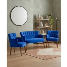 Azra Mobilya Roma 2+1+1 Babyface Kumaş Chester Çay Seti Ev & Ofis Koltuk Takımı - Ahşap Ceviz Ayak - Saks Mavi