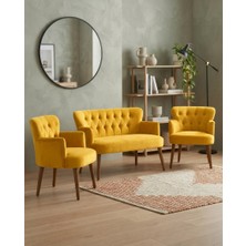 Azra Mobilya Roma 2+1+1 Babyface Kumaş Chester Çay Seti Ev & Ofis Koltuk Takımı - Ahşap Ceviz Ayak - Sarı