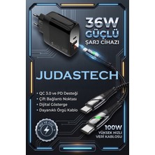 Judas C7 (Type-C)+Micro Usb Girişli Şarj Adaptörü-36W + C5 Type-C To Type-C 5A/100W Şarj Kablosu -2mt