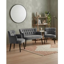 Azra Mobilya Roma 2+1+1 Babyface Kumaş Chester Çay Seti Ev & Ofis Koltuk Takımı - Ahşap Siyah Ayak - Gri