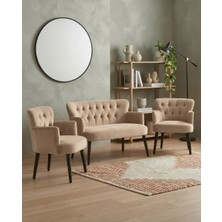 Azra Mobilya Roma 2+1+1 Babyface Kumaş Chester Çay Seti Ev & Ofis Koltuk Takımı - Ahşap Siyah Ayak - Cappuccino Bej