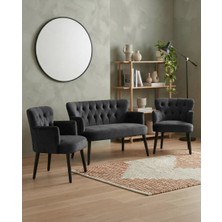 Azra Mobilya Roma 2+1+1 Babyface Kumaş Chester Çay Seti Ev & Ofis Koltuk Takımı - Ahşap Siyah Ayak - Antrasit