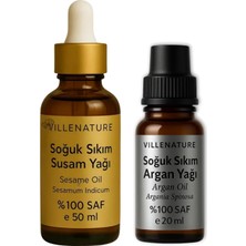 Mey İthalat Yüz ve Saç Için Soğuk Sıkım Susam Yağı 50 ml ve Argan Yağı 20 ml Set, %100 Saf Doğal, Nemlendirici ve Besleyici