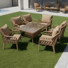 Dora Garden Home Defne 6 Kişilik Rattan Bahçe Balkon Mutfak Masa Takımı Kahverengi(Siyah Çizgili)