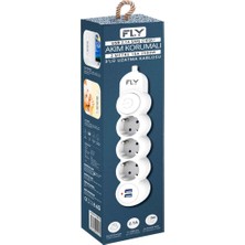 Egecen Fly 3393-01, 3 Soket, 2 Usb, Akım Korumalı Priz, 2.1A, Anahtarlı, 2mt Kablo, (Beyaz)