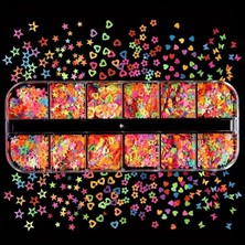 Mey İthalat Karanlıkta Parlayan Neon Tırnak Süsleme Folyo Pulları Kalpler Yıldızlar Nail Art