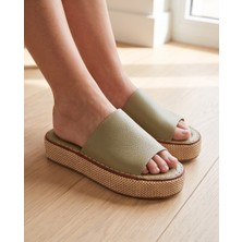 Futsi Shoes Ocean Yeşil Hakiki Deri Hasır Tabanlı Platform Kadın Terlik