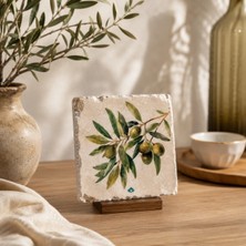 Anadolia Yeşil Zeytin Dalı Desenli Traverten Tekli Bardak Altlığı