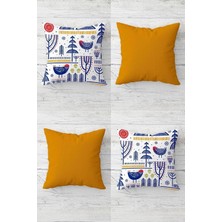 Iskandinav Desen Modern Kuşlu Gizli Fermuarlı Kırlent Kılıfı Koltuk Yastık Kılıfı TAKIM(4ADET), Mavi-Beyaz-Hardal 45 x 45