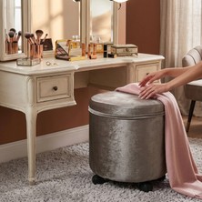 Ratemo Mobilya Antrasit Gri Baby Face Kumaş 5 Tekerlekli Dekoratif Puf – Modern Yuvarlak Tasarım