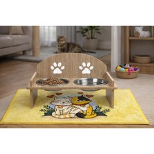 Mey İthalat Gobypet Ahşap Kedi Mama ve Su Kabı ile Paspası, Çift Hazneli Metal Mama ve Su Kabı, Çift Hazneli Köpek Mama Kabı (Oval Mama Kabı)