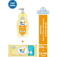 Uni Baby Sensitive Saç ve Vücut Şampuanı 900 ml + Bebek Islak Mendili 12X90 1080 Yaprak
