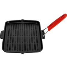 Lava Döküm Dikdörtgen Sığ Izgara Tavası Silikon Tel Saplı Ölçü 21X30CM Kırmızı