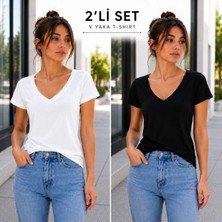 Hayalet Kadın V Yaka Kısa Kollu T-Shirt Ultra Soft Basic Bluz - İkili Set