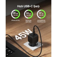 Kompakt Duvar Şarj Cihazı 45 W + Usb-C - Usb-C Kablosu, 17, 16, 15, 14, Plus, Pro, Pro Max, Galaxy S25 Serisi, S24, 9, Ipad, Airpods ve Fazlası Için Hızlı Şarj, Siyah