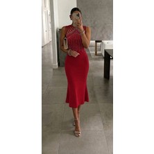 Defy Moda Kadın Kolsuz Omuzlardan Taş Şerit Detaylı Midi Janjan Krep Elbise
