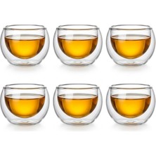 6'lı Mini Çift Cidarlı Sosluk Çay Bardağı - Şeffaf Isı Yalıtımlı Cam, 50 Ml, 6cm