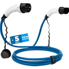 Hims 22KW (32A) Tip 2 Premium Elektrikli Araç Şarj Kablosu 5 Metre - Mavi, IP54 Suya Dayanıklı,