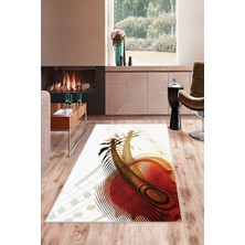 Mey İthalat Pelangi Krem Desenli Keman Motifli Yıkanabilir Kaymaz Taban Leke Tutmaz Modern Salon Halısı ve Yolluk, Krem-Turuncu 160 x 300, 135828616030005