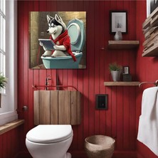 Gaagart Tekli Kare Kanvas Banyo Tablosu Tabletle Oynayan Sibirya Kurdu 40 x 40 GARTNM8303