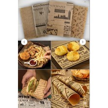 50 Adet Retro Gazete Desenli Ambalaj Kağıdı - 35X25 cm Yağ Geçirmez Sandviç ve Burger Kağıd�