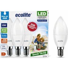 Ecolite 8 W LED Mum Ampul – E14 Duy, 3'lü Paket, 810 Lümen, 6500K Beyaz Işık, 60W Eşdeğer, O