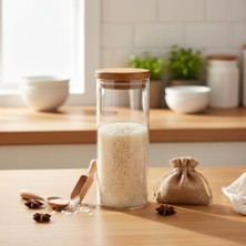 Akasya Ahşap Kapaklı Borosilikat Cam Kavanoz - 350 ml Vakumlu Yuvarlak Baharatlık Çay ve Kahve S