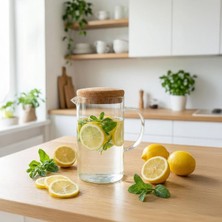 Mantar Kapaklı Borosilikat Cam Sürahi 2 Litre - Isıya Dayanıklı Minimalist Karaf ve Detoks Şi�