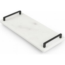 Siyah Metal Saplı Mermer Sunum Tepsisi 40X15 cm Dikdörtgen Servis Tepsisi Şık Sofra Kahve Peynir