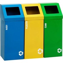 Metal 3'lü Geri Dönüşüm Sıfır Atık Kutusu Elektrostatik Toz Boyalı (Plastik-Kağıt-Cam)