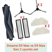 Mey İthalat Dreame D9 Max ve D9 Max Gen 2 ile Uyumlu Yedek Parça Seti, 2 Fırça, 2 Hepa Filtre, 2 Bez Pedi