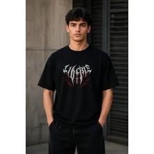 Antakya Yöresi Erkek Gotik Yazı Baskılı Oversize Bisiklet Yaka T-Shirt - Siyah