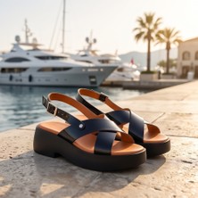 Futsi Shoes Jade Siyah Hakiki Deri Çapraz Bantlı Platform Topuklu Bilekten Tokalı Kadın Sandalet