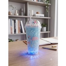 Bezos Işıklı Unicorn ve Flamingo Desenli Çift Katmanlı Jel Buzlu Pipetli Bardak - 450ML - Renk Değiştiren LED Tabanlı