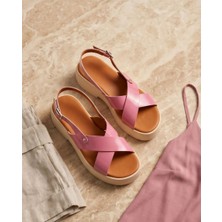 Futsi Shoes Jade Pembe Hakiki Deri Çapraz Bantlı Platform Topuklu Bilekten Tokalı Kadın Sandalet