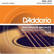 Daddario EJ15 Akustik Gitar Tel Seti, Phosphor-Bronze, Extra Light, 10-47