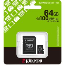 TeknoKapsül Kıngston SDCS3/64GB, Canvas Select Plus Gen3 A1, 100MB/S, Microsd Kart Bellek (Sd Adaptörlü)
