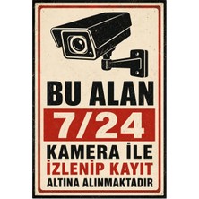 Lucena Retro Kamera Güvenlik Uyarı Levhası Metal Tabela - Bu Alan 7 24 Kamera ile Izlenmektedir