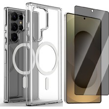 Vendas Galaxy S26 Ultra Kılıf Magsafe Şarj Özellikli Şeffaf Sert PC Zore Embos Kapak + Privacy Temperli Cam Ekran Koruyucu