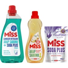 Miss Sıvı Çamaşır Deterjanı Arap Sabunu ve Soda Etkili 1500 ml + Arap Sabunu 1l + Çamaşır Sodası Lavanta Kokulu 500 G
