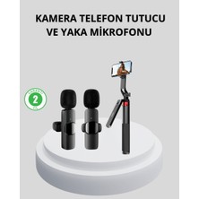 Nurton Kablosuz Çift Yaka Mikrofonu ve Tripodlu Selfie Çubuğu Içerik Üretici Seti