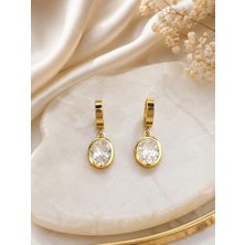cm Jewelry Oval Zirkon Taşlı Sallantılı Gold Çelik Küpe