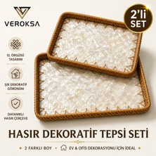 Veroksa Dekoratif Rattan Hasır Içi Sedefli Tepsi Seti – 2’li ve 3’lü Sunum & Dekorasyon Tepsisi – Farklı Desen Seçenekleri