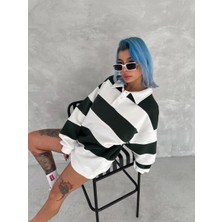 Velmora Fashion Kadın 3 Iplik Pamuklu Parçalı Yakalı Sweatshirt - Yeşil