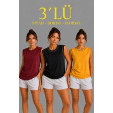 Velmora Fashion Kadın 3’lü Kolsuz Sporcu Atlet Seti Yazlık Bisiklet Yaka - Siyah, Bordo, Hardal