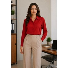 Velmora Fashion Kadın Uzun Kol Gömlek Düğmeli Klasik Yaka Günlük ve Ofis Şıklığına uygun - Kırmızı