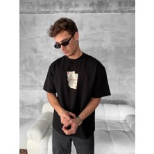 Pomeya  Ön ve Arka Baskılı Oversize Bisiklet Yaka T-Shirt - Siyah