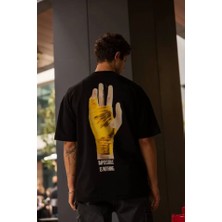 Pomeya  Unisex Bisiklet Yaka Baskılı Oversize T-Shirt - Siyah