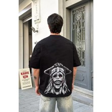 Pomeya  Unisex Bisiklet Yaka Baskılı Oversize T-Shirt - Siyah