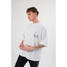 Pomeya  Unisex Bisiklet Yaka Baskılı Oversize T-Shirt - Beyaz